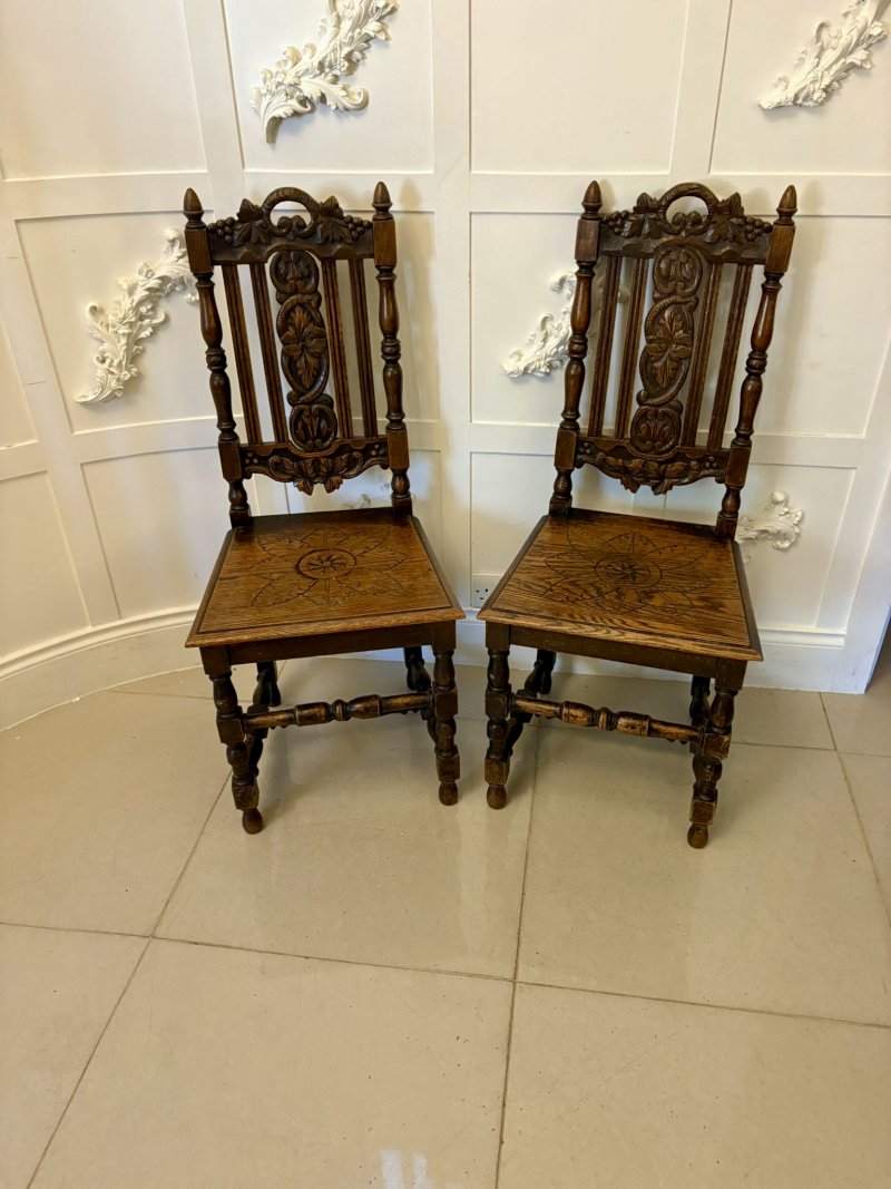 Antique Pair of Quality Carved Oak Side/Hall Chairs